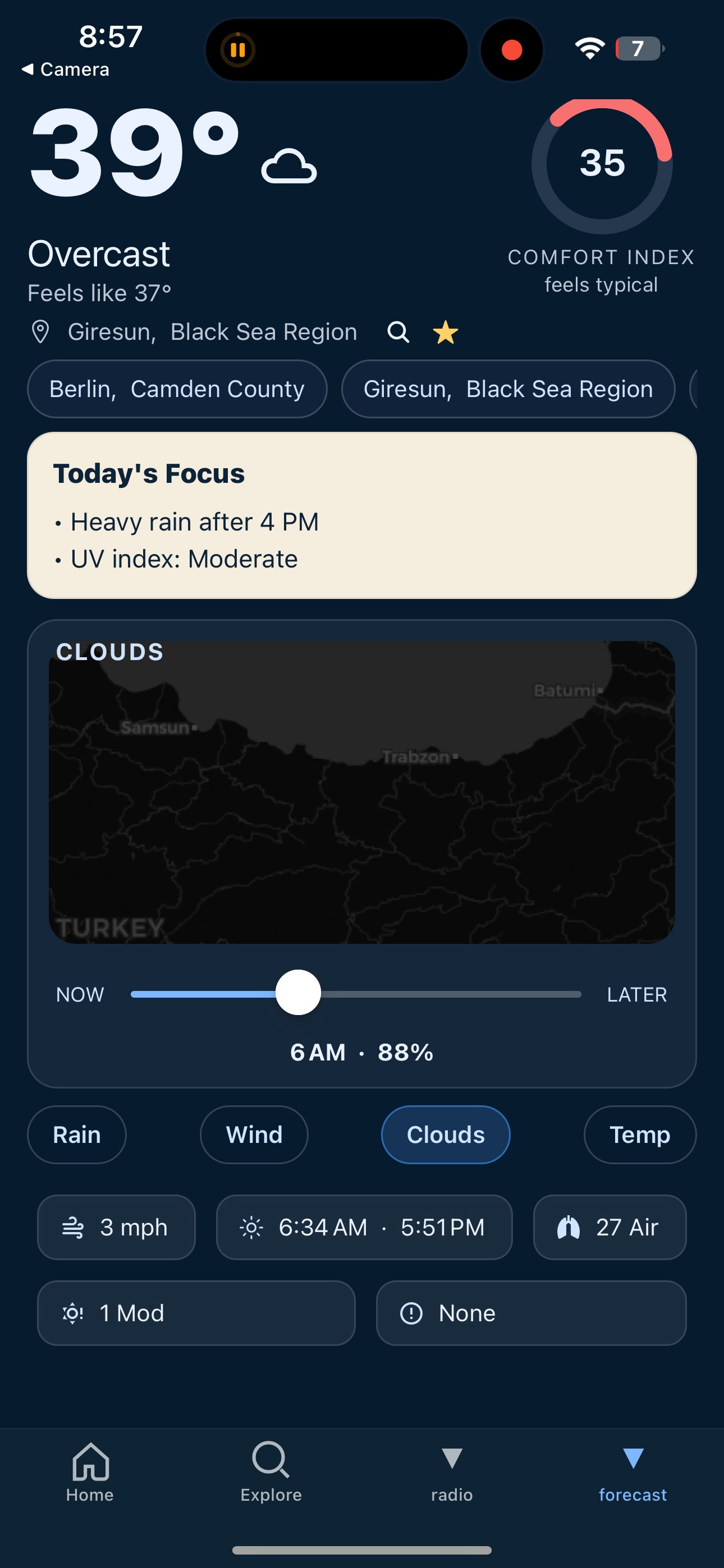 October forecast screen showing Today's Focus, cloud panel, and segmented controls.