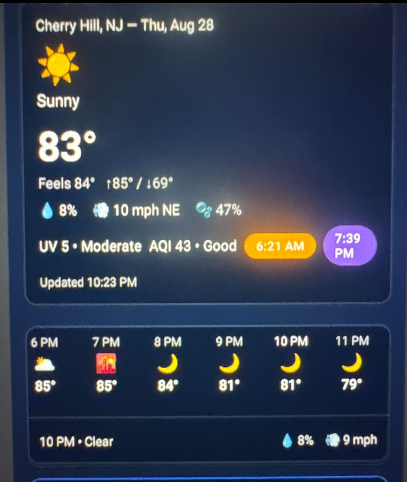 August 28 forecast card showing temperature, conditions, and hourly timeline.